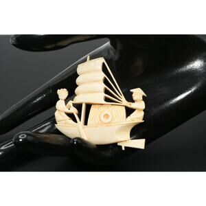 Vintage Carved Celluloid Asian Boat Scene Brooch Mid Century Figural